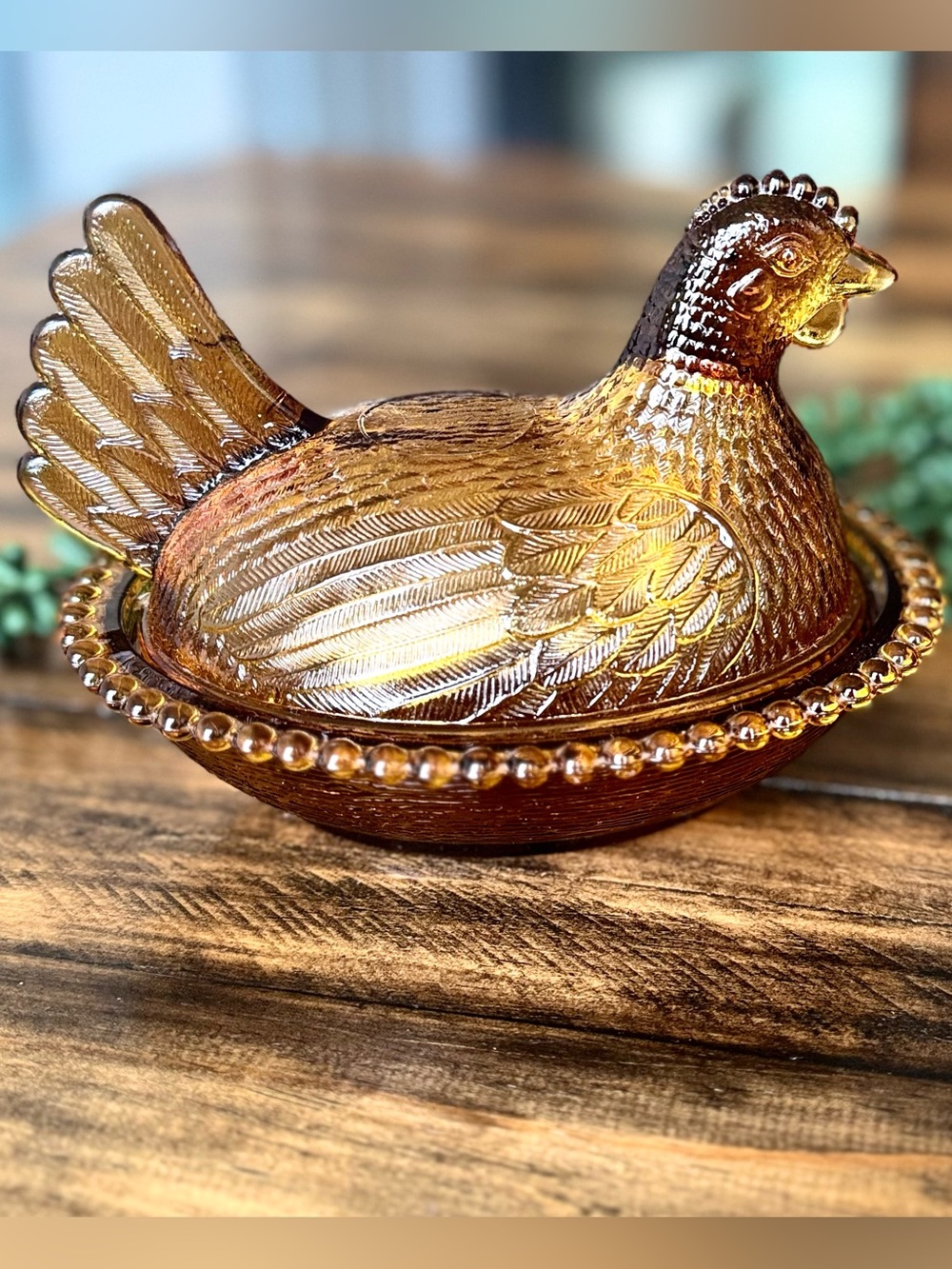 Vintage ⭐️ Indiana Amber Glass Hen on Nest Covered Dish
